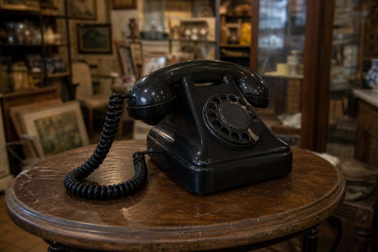 Schwarzes Bakelittelefon in Dreiviertelansicht mit Spiralkabel auf einem alten Tisch