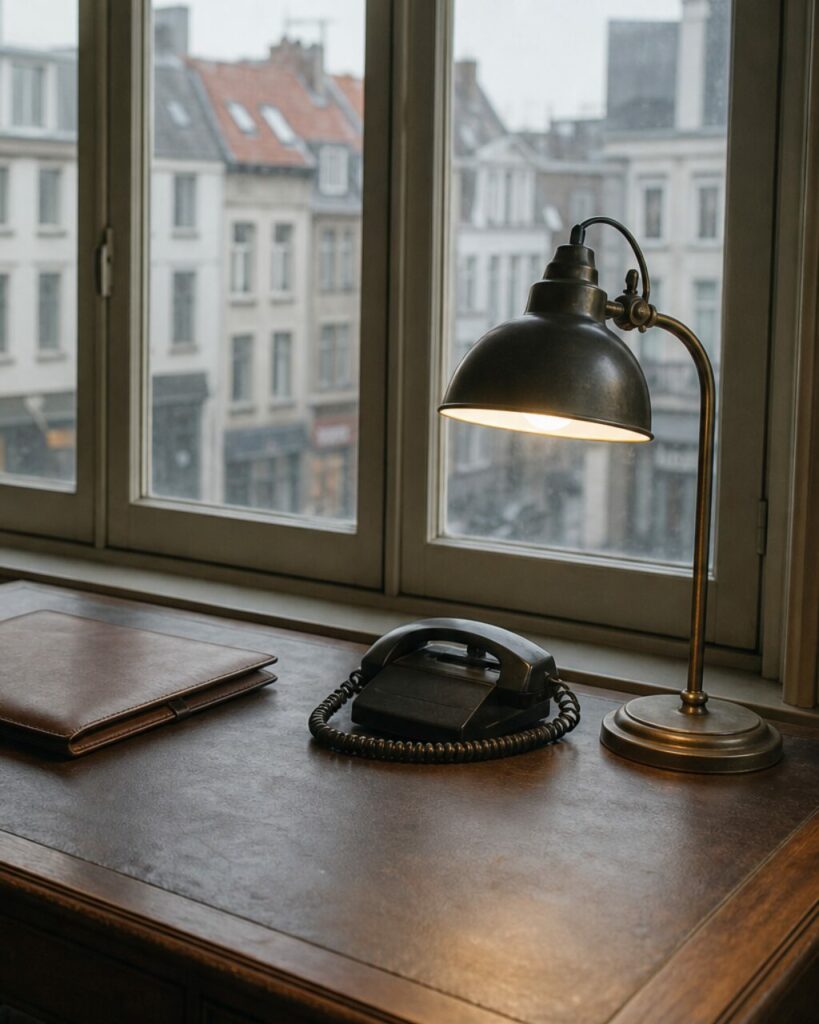 Téléphone à cordon sous une lampe métallique allumée