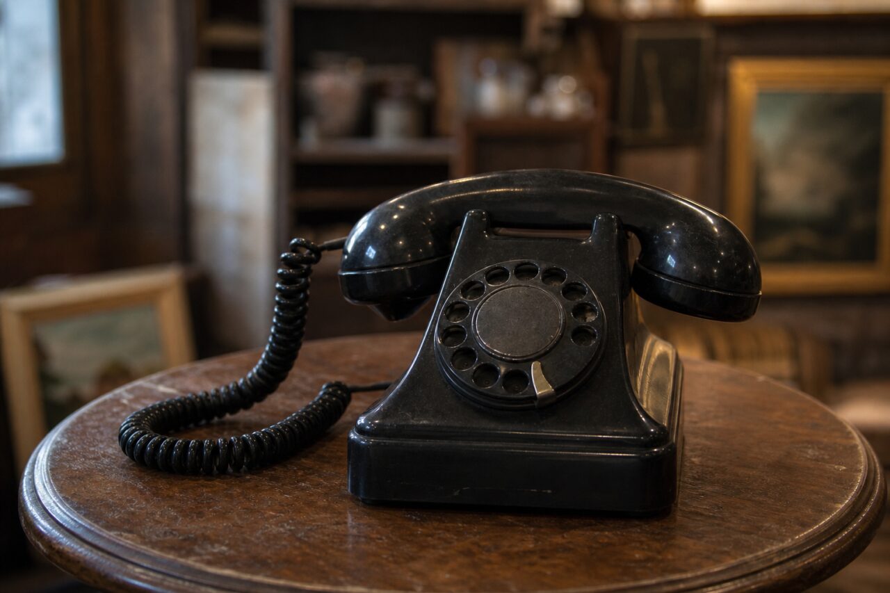 Zwarte bakelieten draaischijftelefoon in zijlicht op een ronde tafel in een antiekwinkel