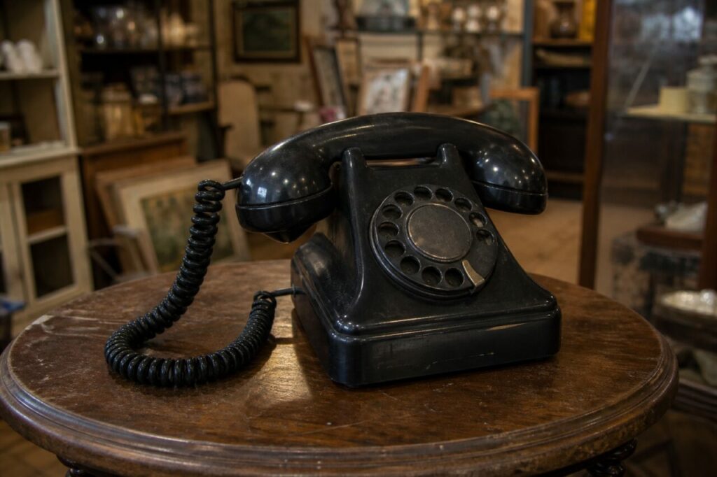 Teléfono negro de baquelita con dial giratorio sobre una mesa redonda de tienda antigua