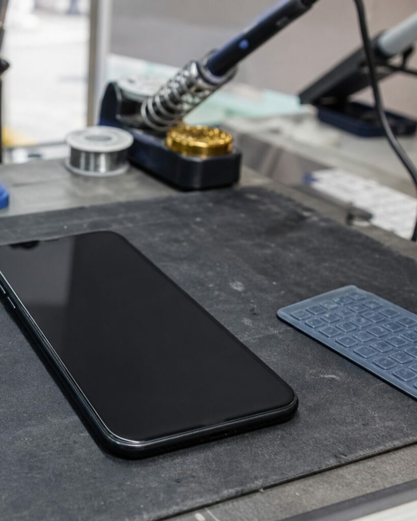 Téléphone noir et pavé numérique bleu sous un fer à souder