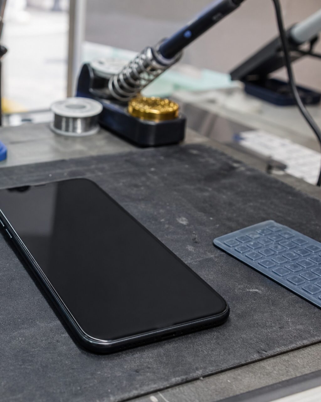 Telefono nero e tastierino blu sotto un saldatore