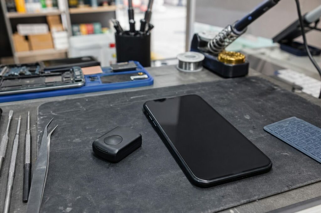 Schwarzes Telefon und kleines Gehäuse auf einer Werkmatte