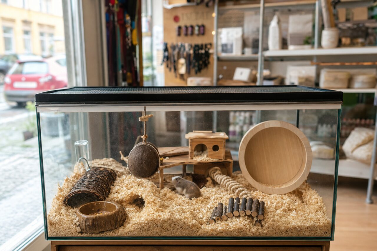 Hamster terrarium with a wooden house, wheel and bedding