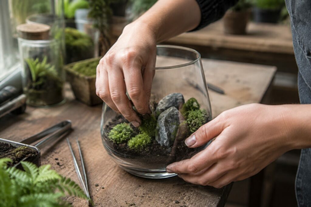 Offenes Terrarium mit Moos, Steinen, Pinzette und jungen Farnen