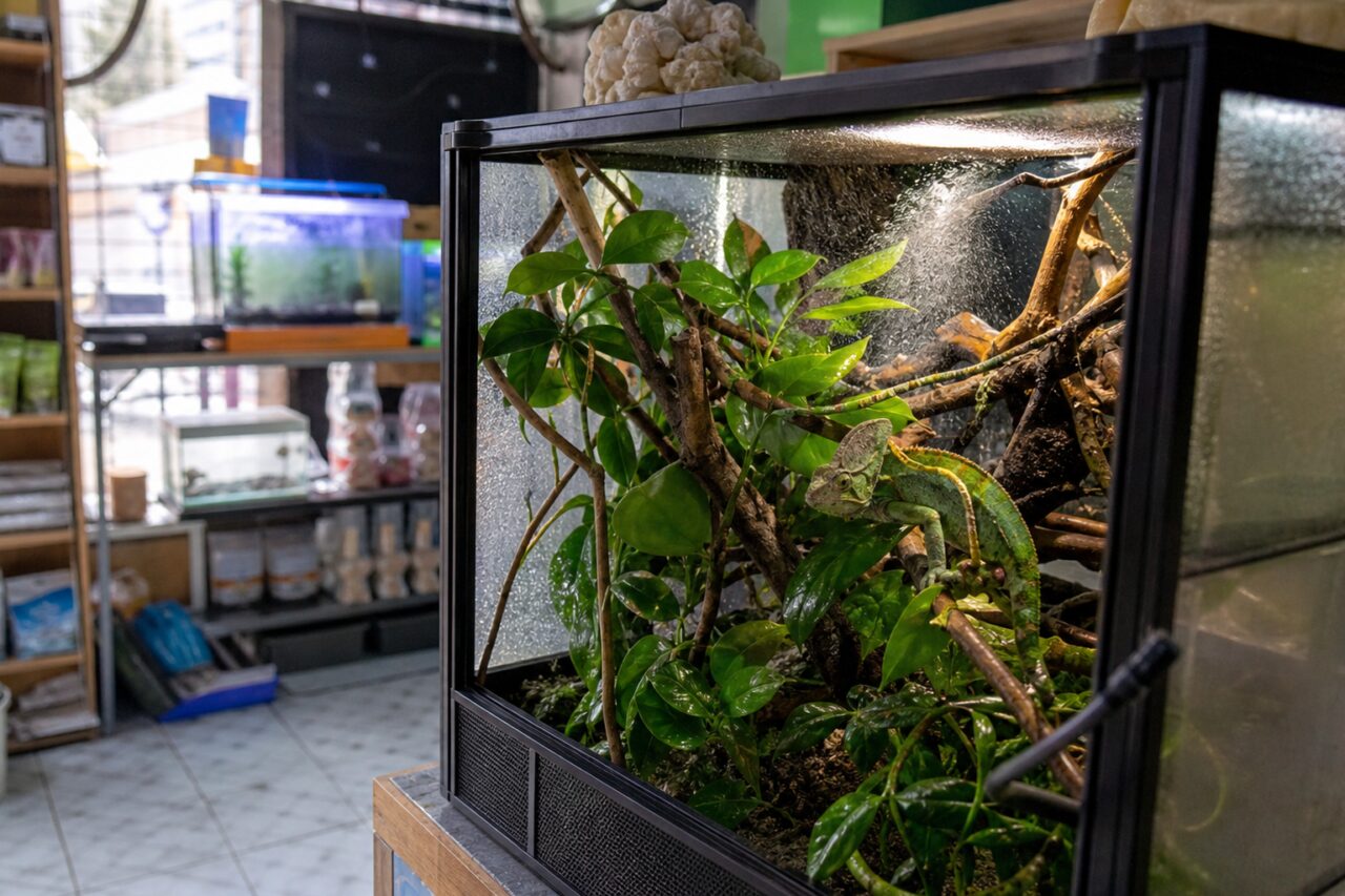Terrarium tropical avec caméléon vert