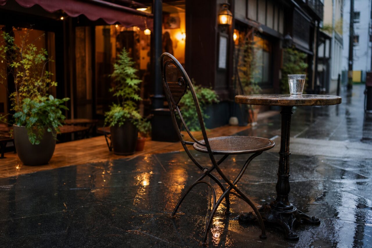 Terrasse de café sous la pluie avec table ronde et verre transparent