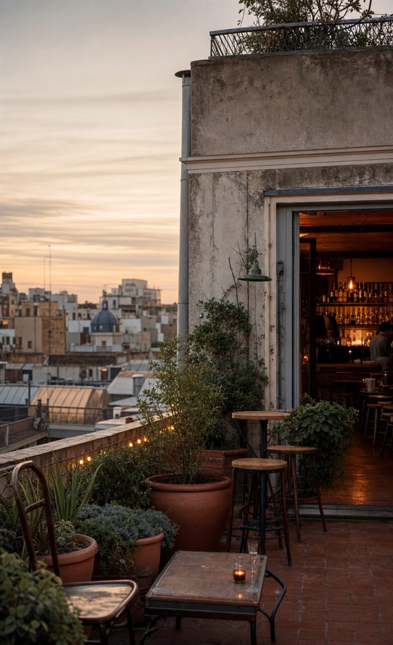 Begrünte Terrasse mit offener Bar über den Dächern