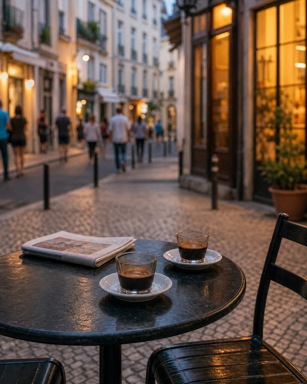 Escena vertical de terraza con dos cafés sobre mesa negra ante fachadas iluminadas