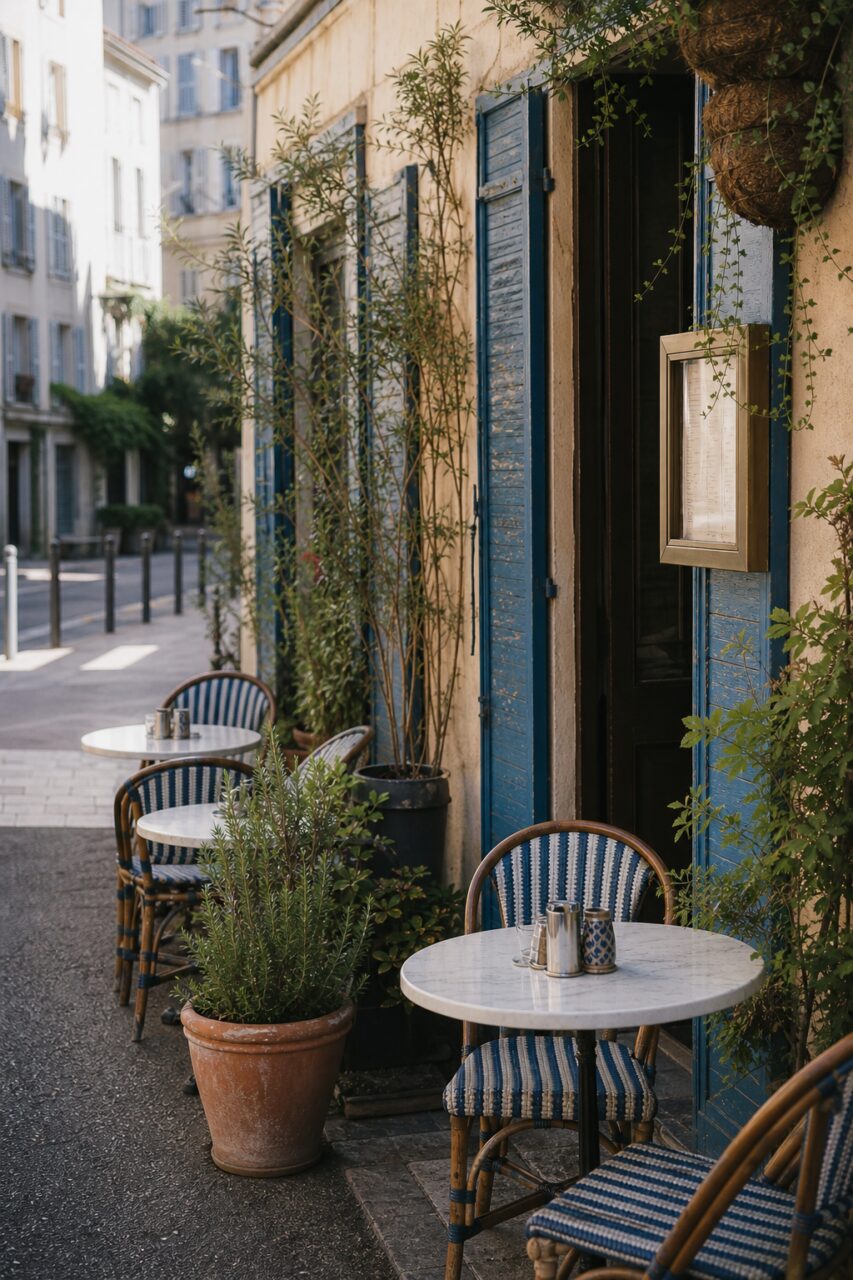 Terrasse verticale bordée de pots et de sièges rayés