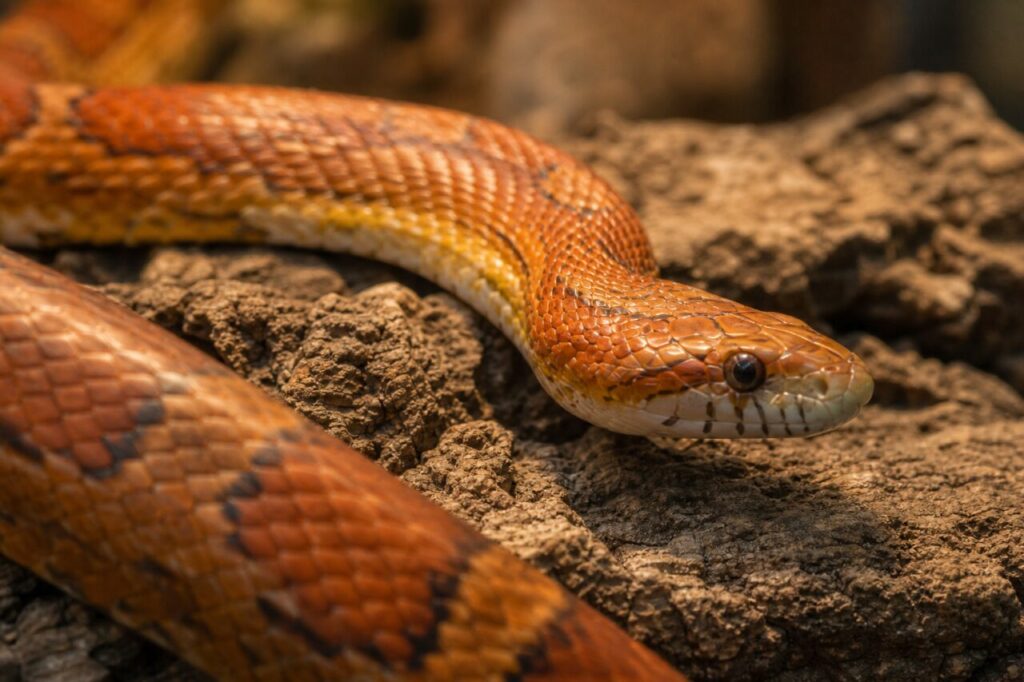 Testa di serpente arancione sopra il substrato bruno
