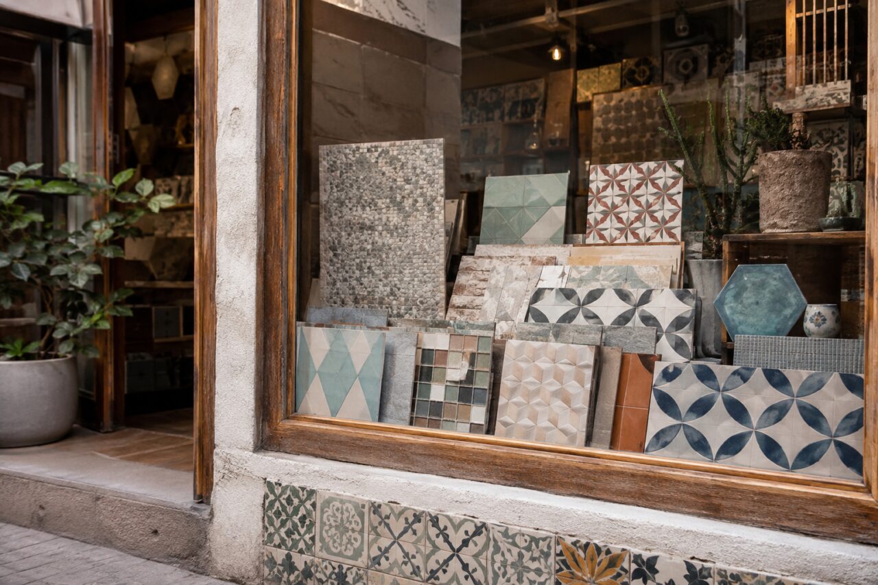 Decoratieve tegels in de etalage van een mozaïekwinkel