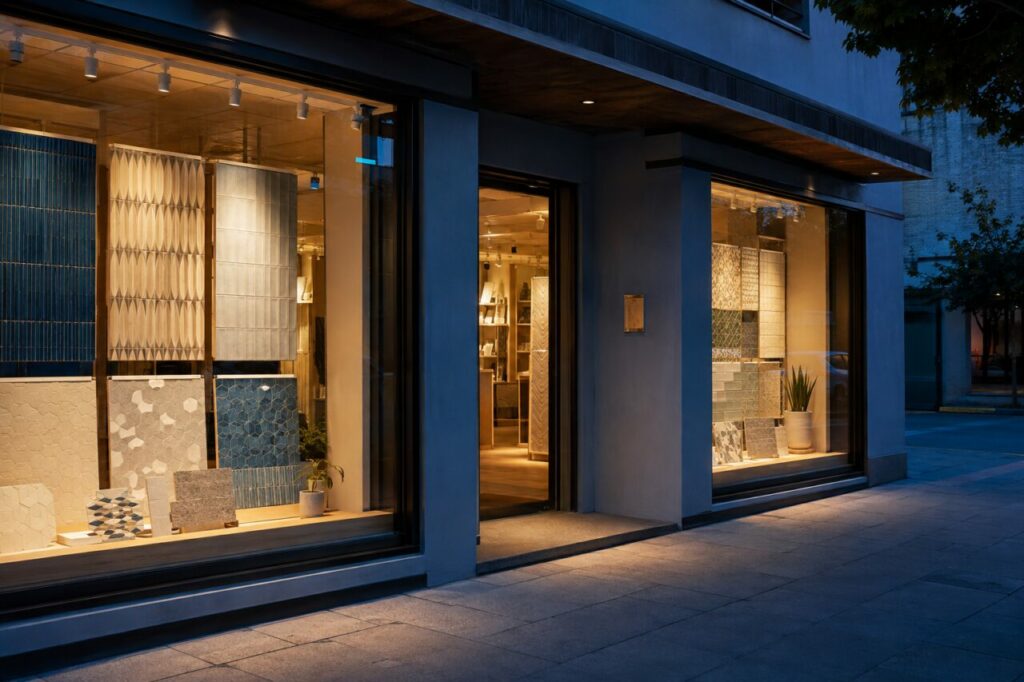 Verlichte tegelshowroom bij schemering aan een stadsstraat