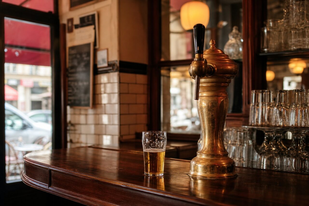 Spillatore di birra in ottone e bicchiere servito sul bancone di una brasserie