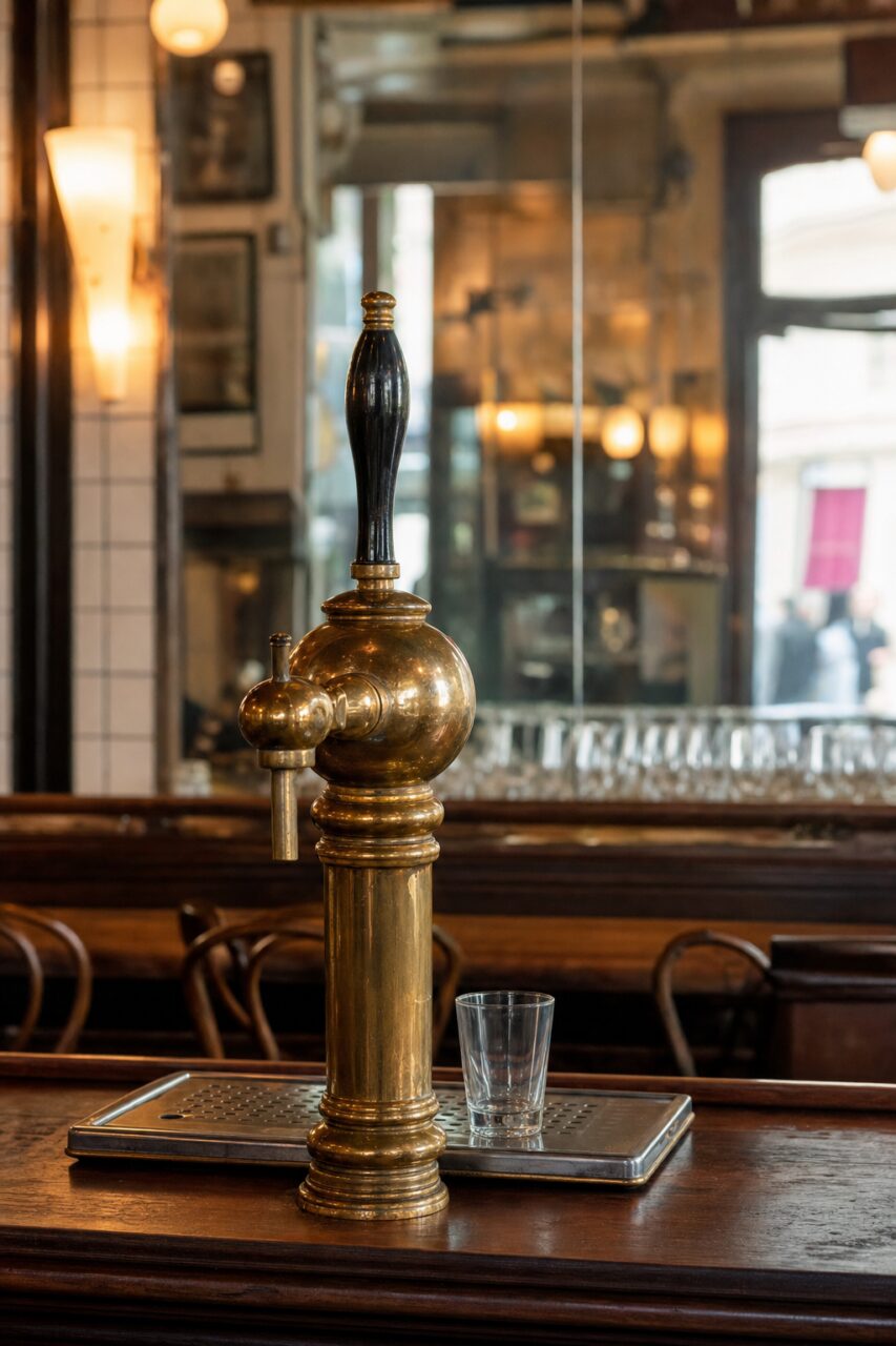 Brass beer tap centred on its drip tray with an empty glass in a brasserie