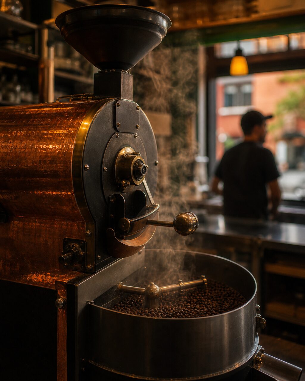 Tostatrice per caffè in rame in formato verticale con tramoggia e chicchi visibili