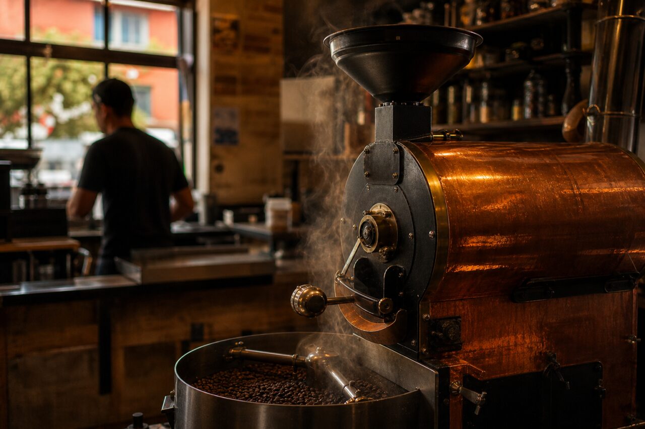 Side view of a copper coffee roaster with hopper and bean tray