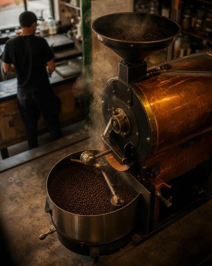 Overhead view of a copper coffee roaster with a bean-filled cooling tray