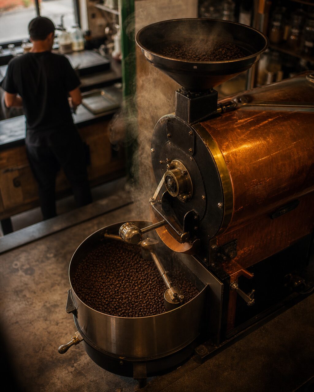 Overhead view of a copper coffee roaster with a bean-filled cooling tray