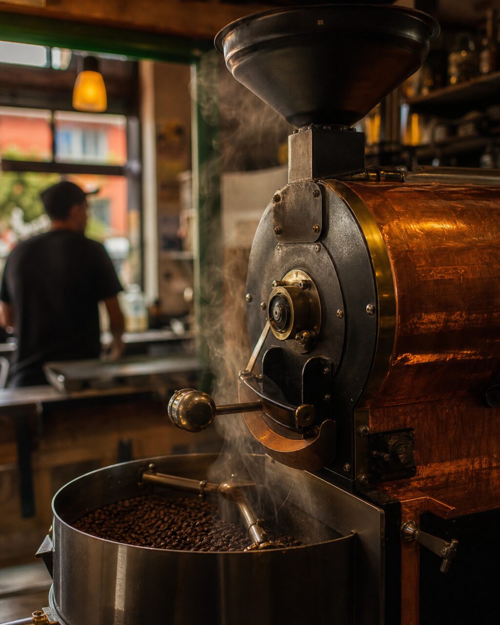 Tostador de café de tambor cobrizo con granos y vapor visible