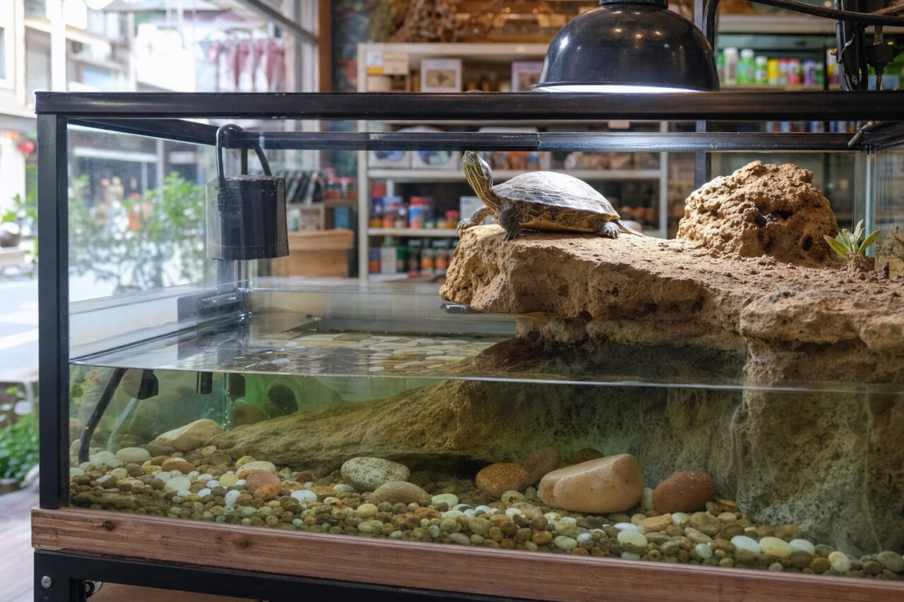 Aquatic turtle resting in a rocky tank