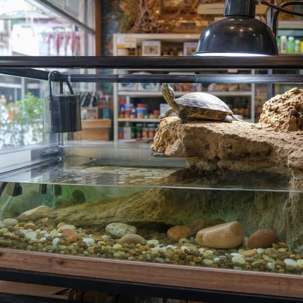 Wasserschildkröte und Kieselboden unter einer schwarzen Lampe