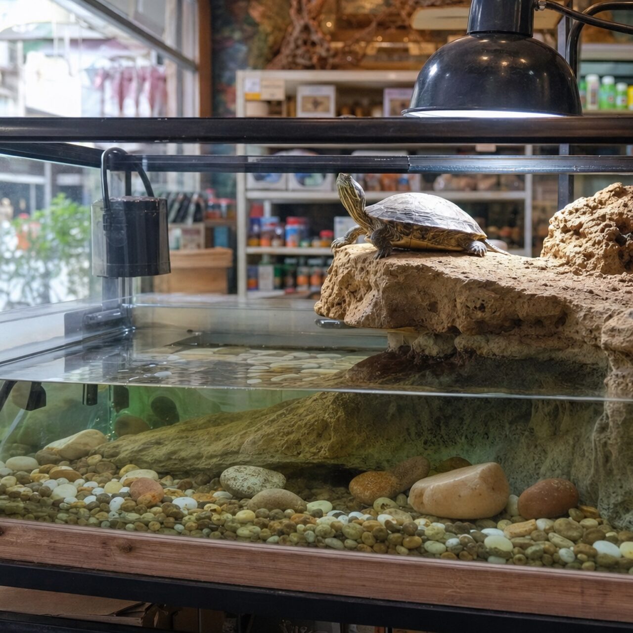 Wasserschildkröte und Kieselboden unter einer schwarzen Lampe
