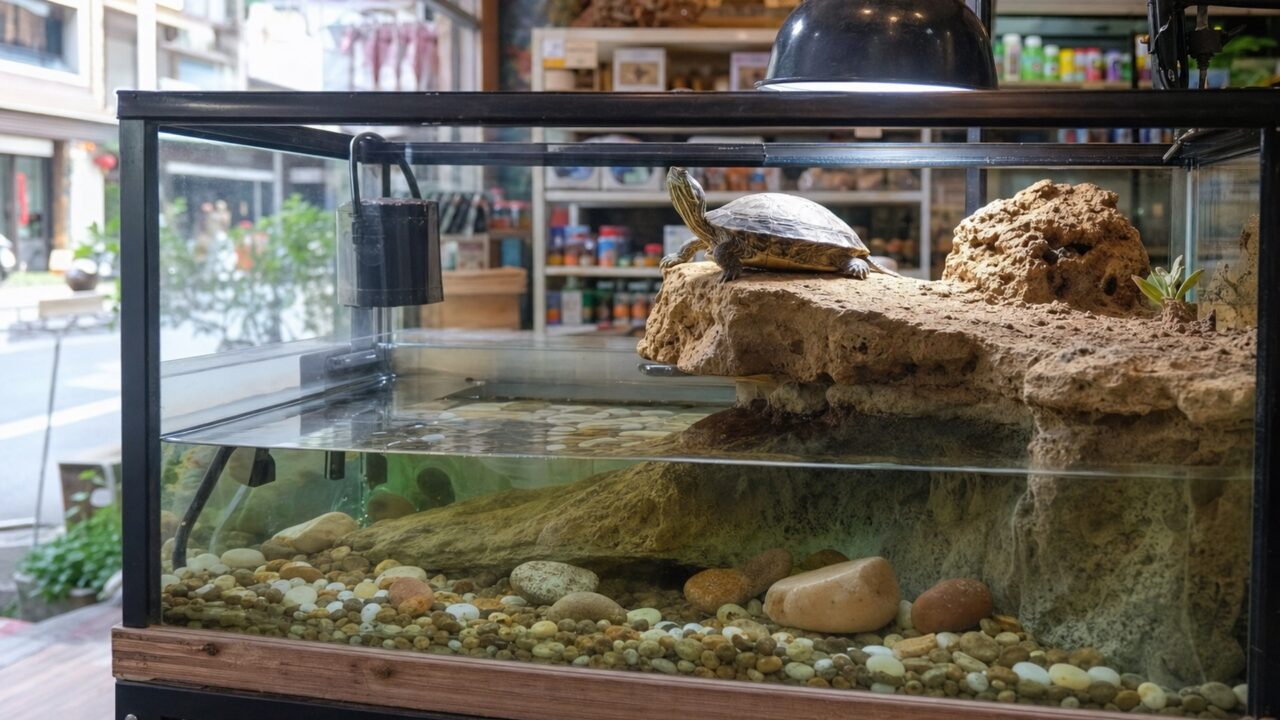 Aquatic turtle in a tank with a rocky basking area