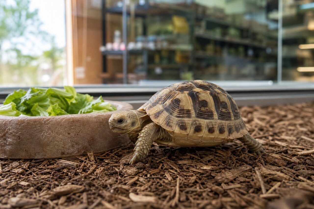 Landschildkröte am Rand einer Salatschale