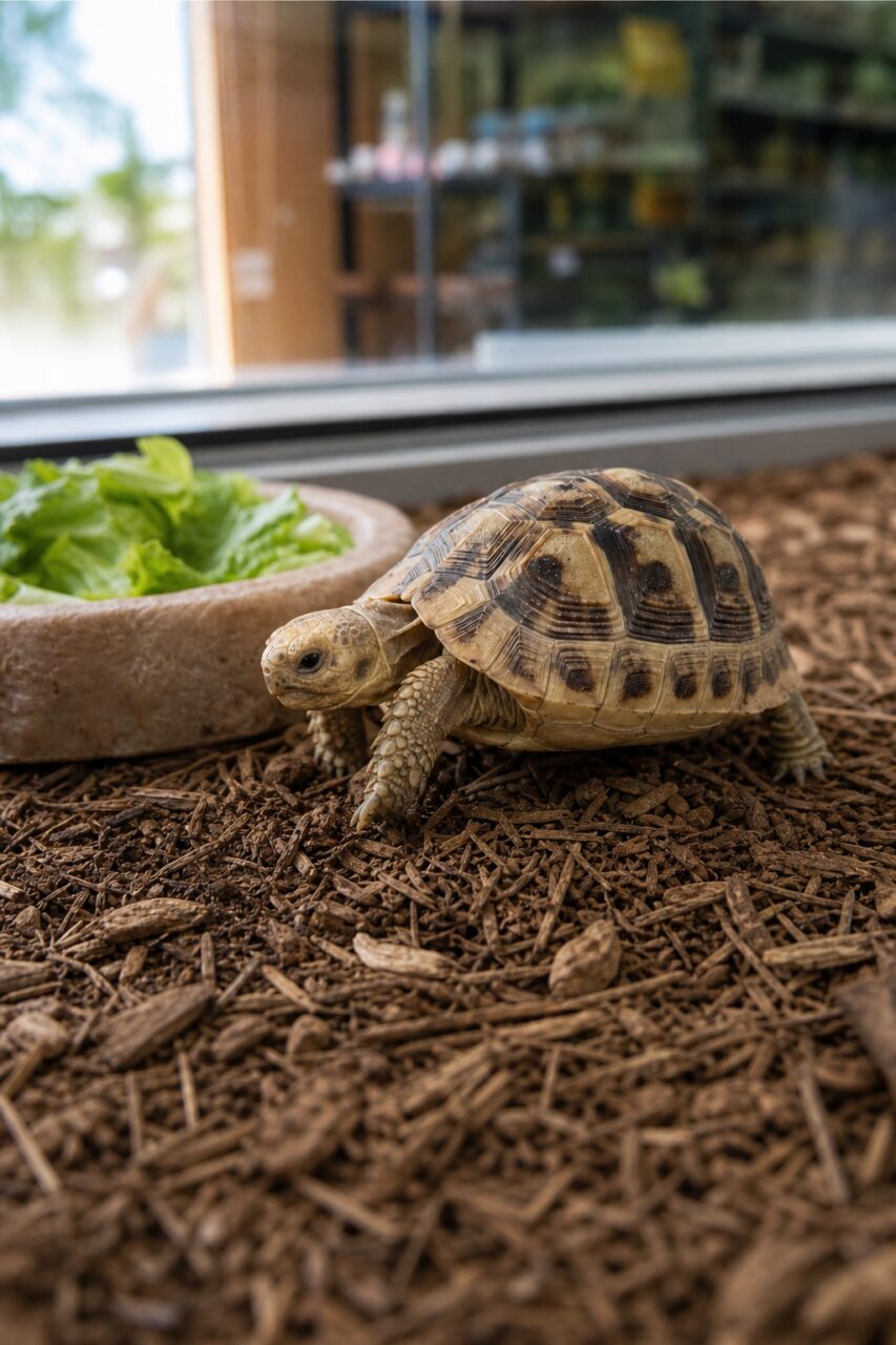 Tortue terrestre marchant dans son terrarium