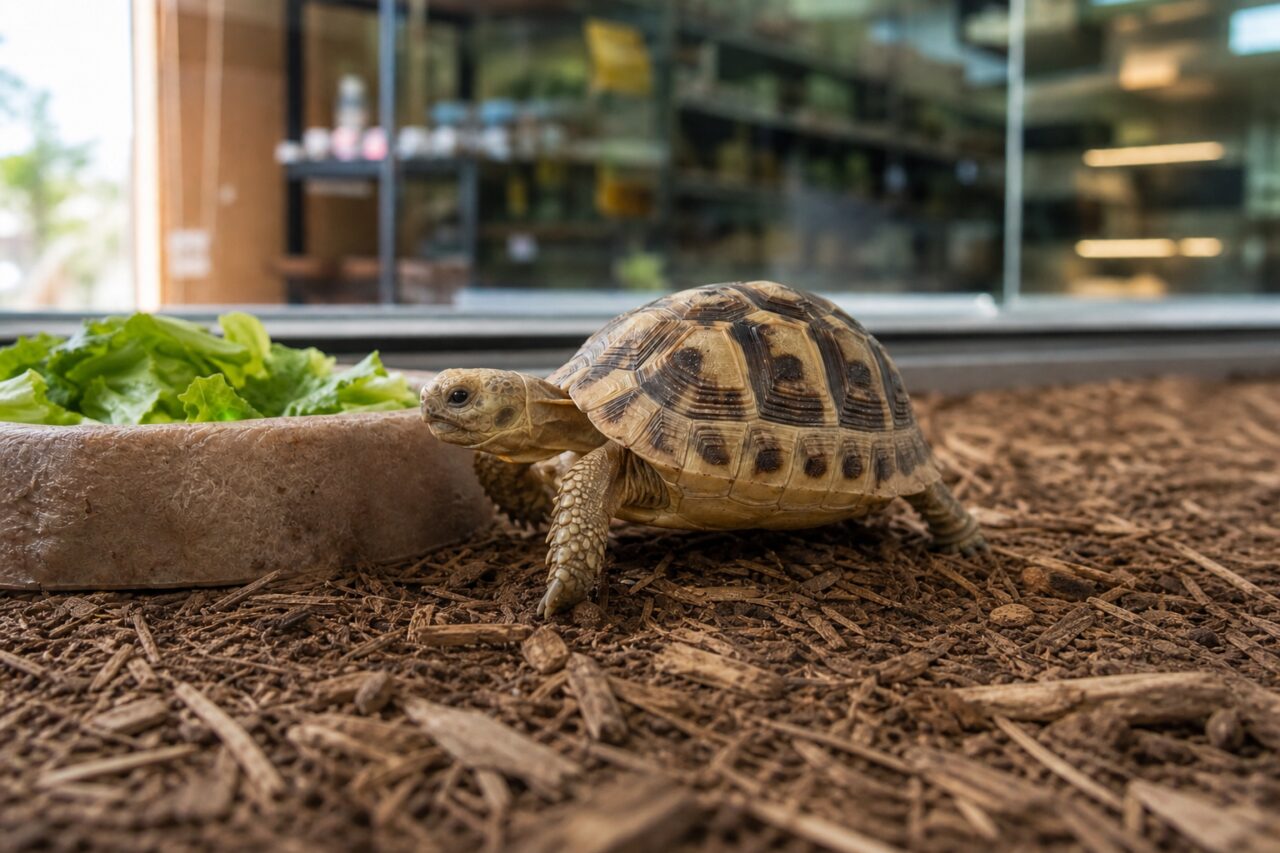 Tortue terrestre devant sa nourriture fraîche