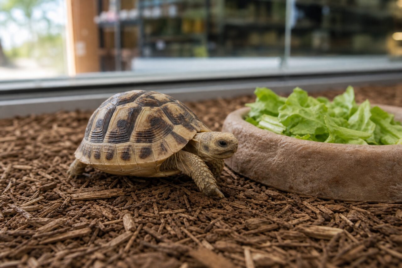 Tortue terrestre devant une coupelle de verdure
