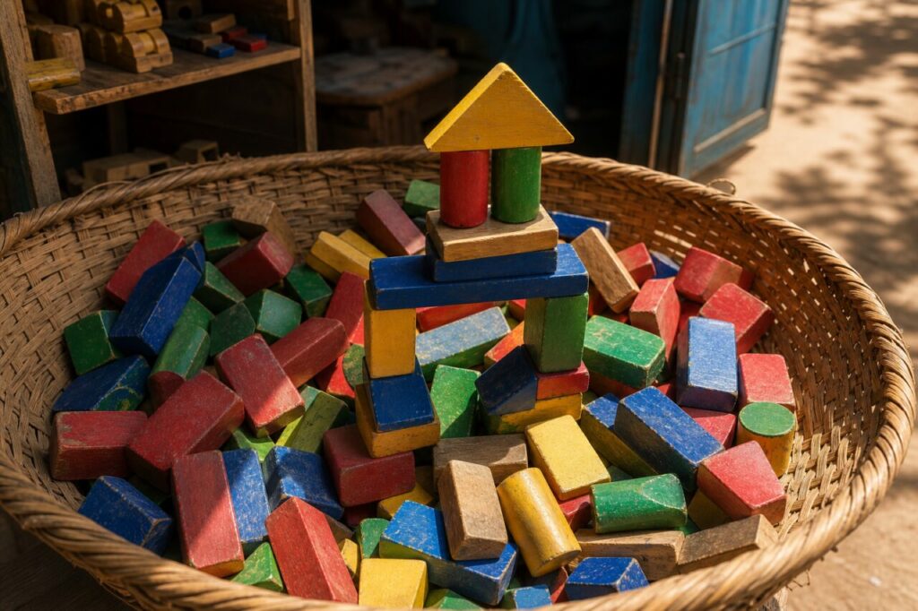 Tour et blocs de bois vus en plongée