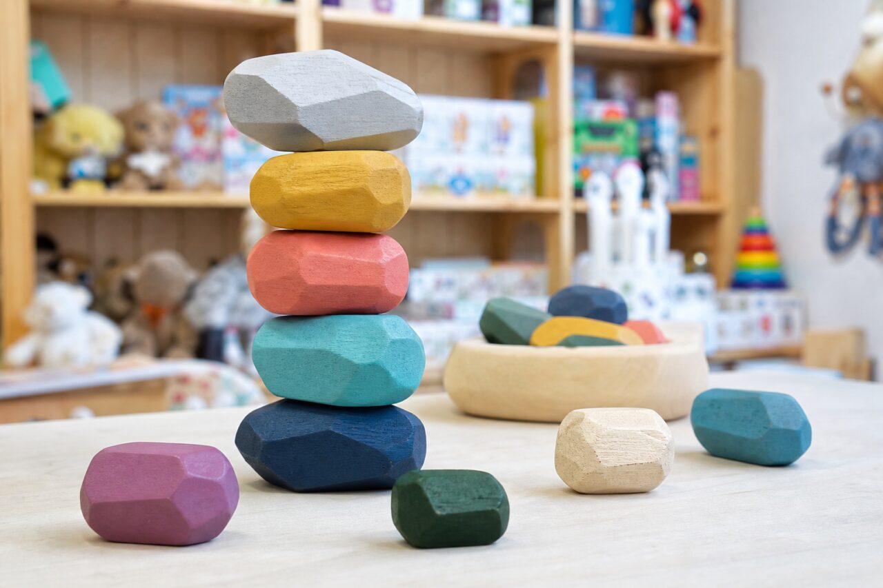 Tower of five colorful balancing stones