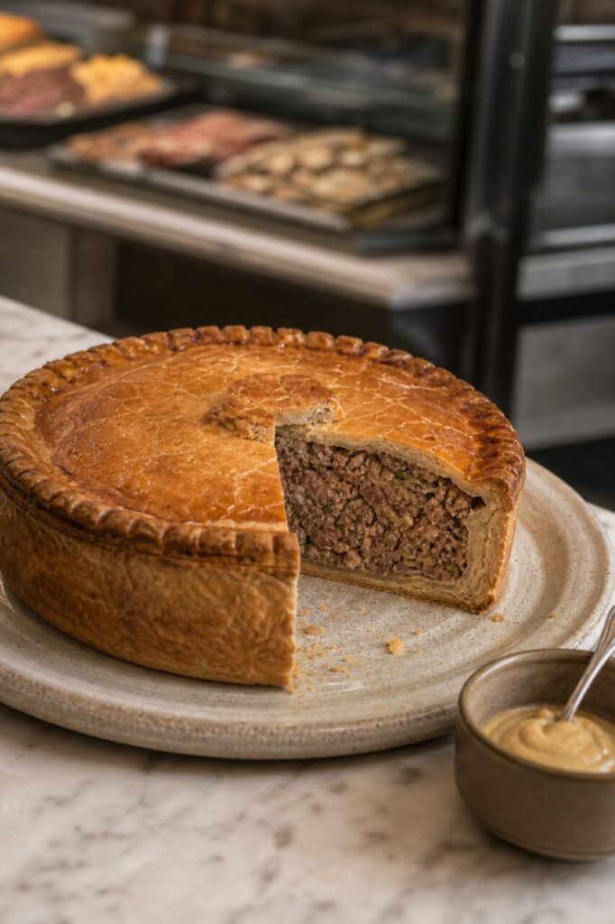 Tourte à la viande découpée avec sauce