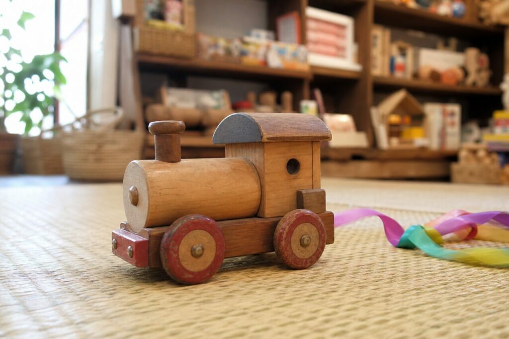 Trenino in legno con ruote rosse su una stuoia intrecciata
