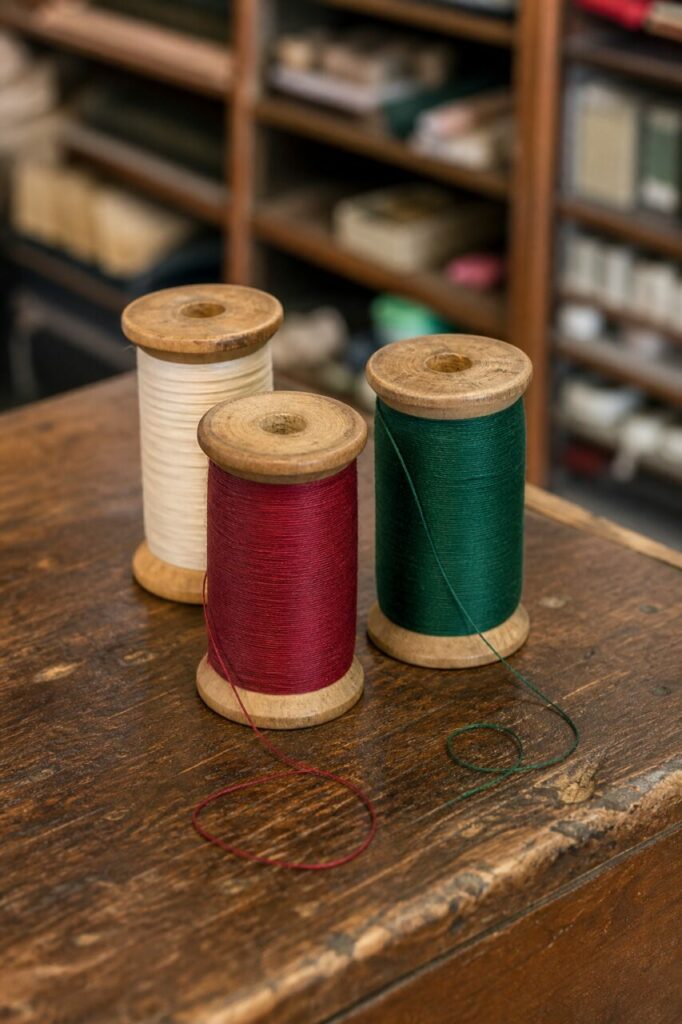 Trois bobines de fil sur une table de mercerie