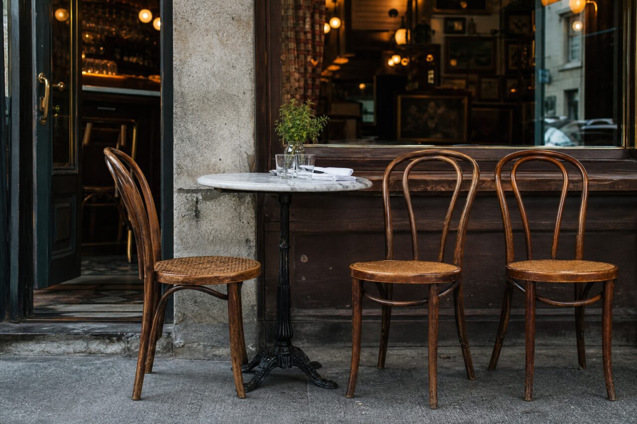 Tre sedie in legno curvato davanti a un tavolo di brasserie