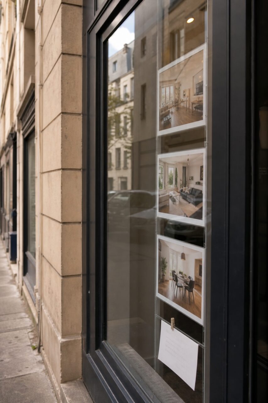 Tres fotografías de interiores suspendidas en un escaparate inmobiliario