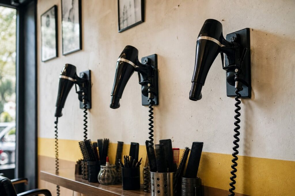 Three black hairdryers aligned across a salon wall