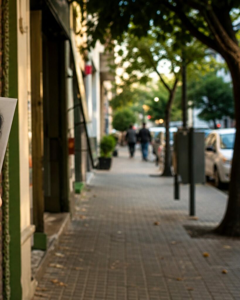 Trottoir sous les arbres avec véhicules et passants flous
