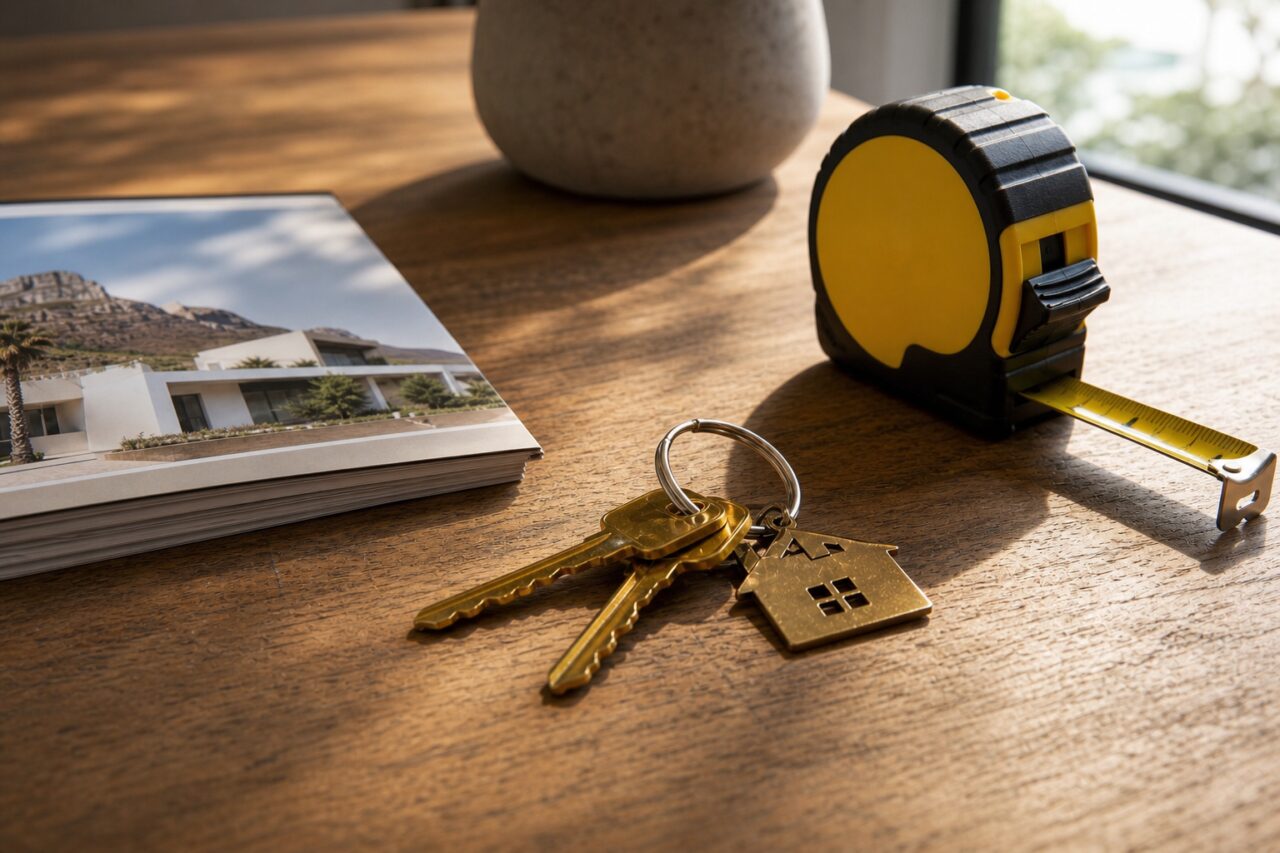 Keyring in the foreground with tape measure and brochure
