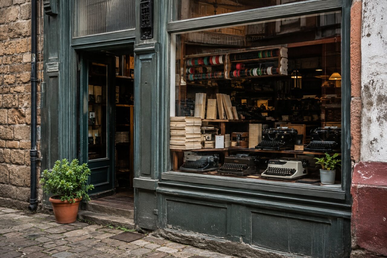 Schreibmaschinen und farbige Farbbänder im Schaufenster eines alten Ladens