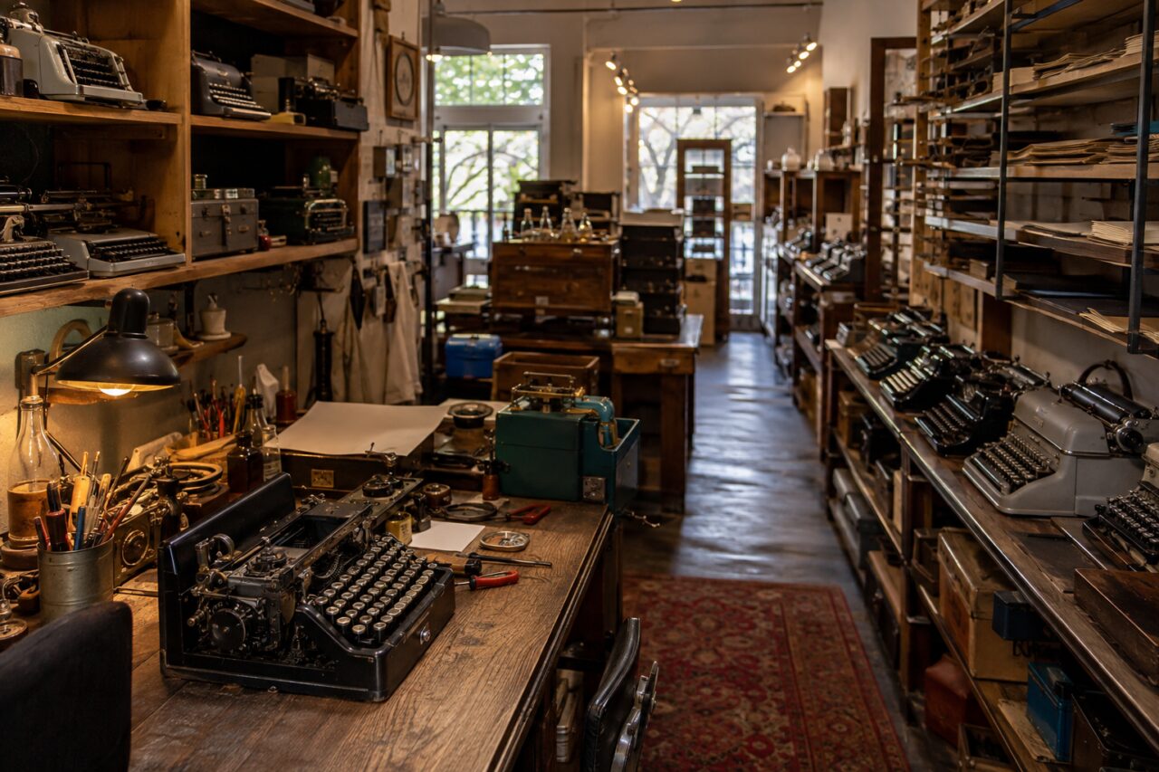 Typewriter workshop with repair benches, tools and shelves of paper