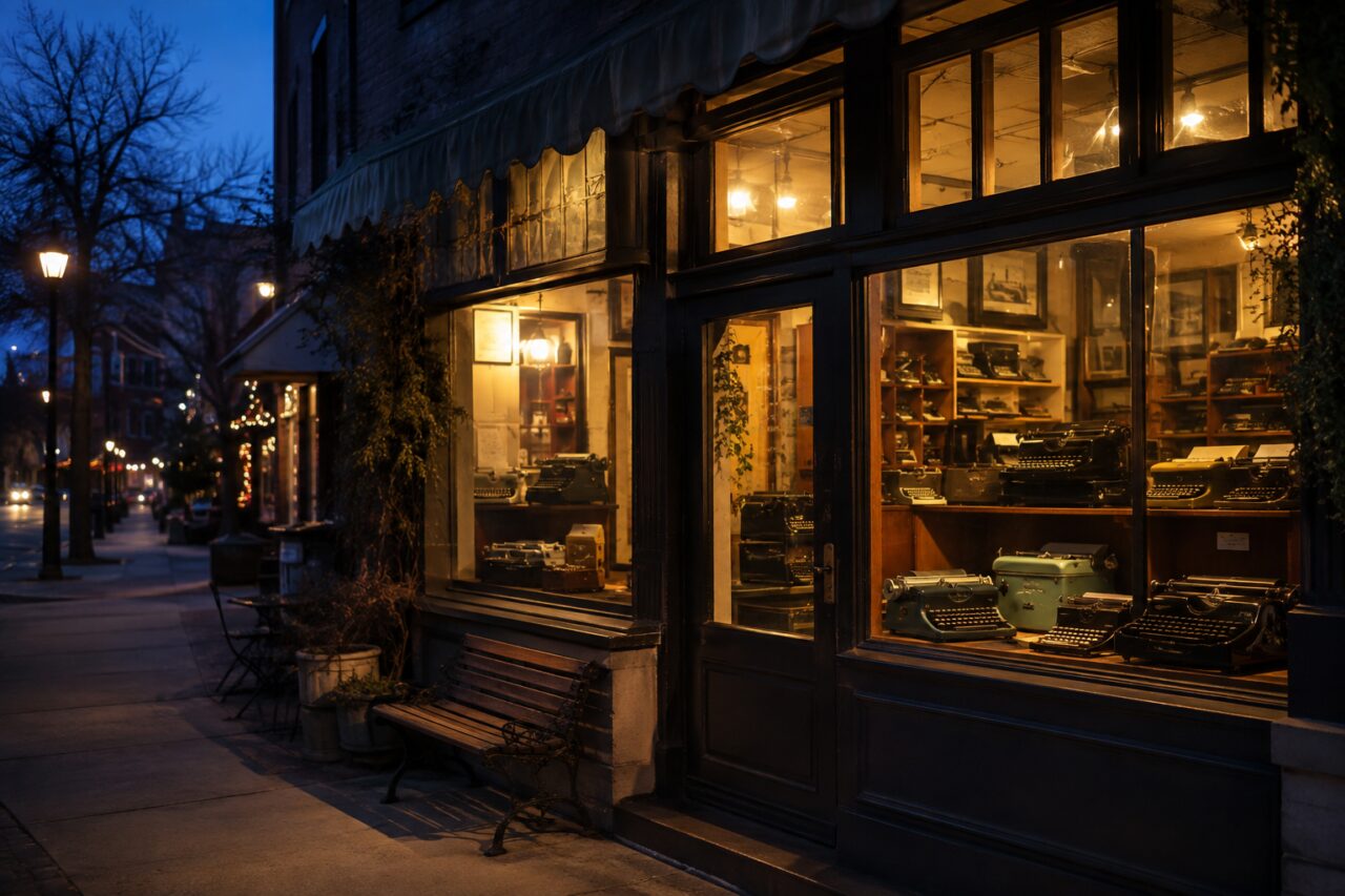 Illuminated typewriter windows on an old street at dusk