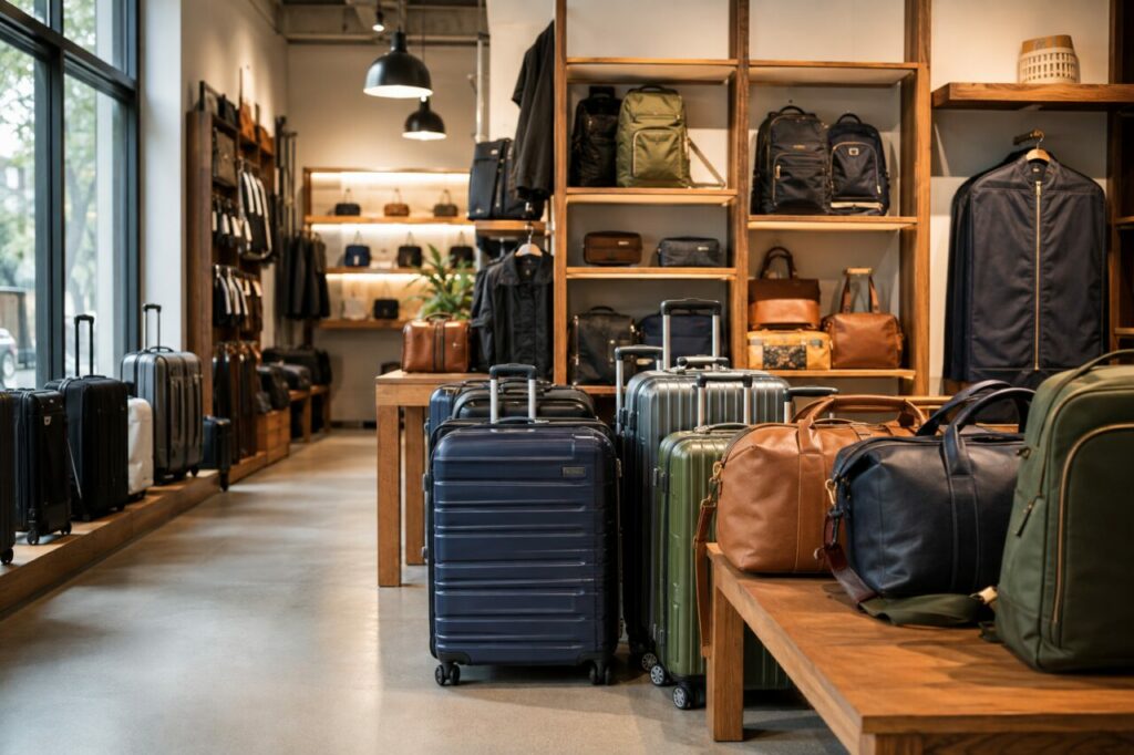 Valises et sacs de voyage avec valises rigides, sacs et rayonnages en bois
