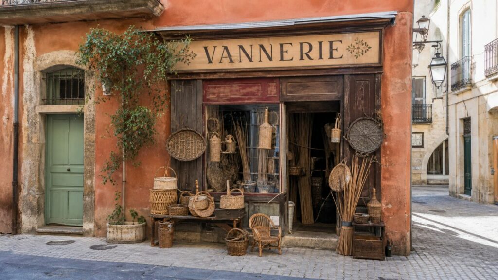 Vannerie ancienne à Nîmes, enseigne en bois et paniers tressés dans une boutique ocre