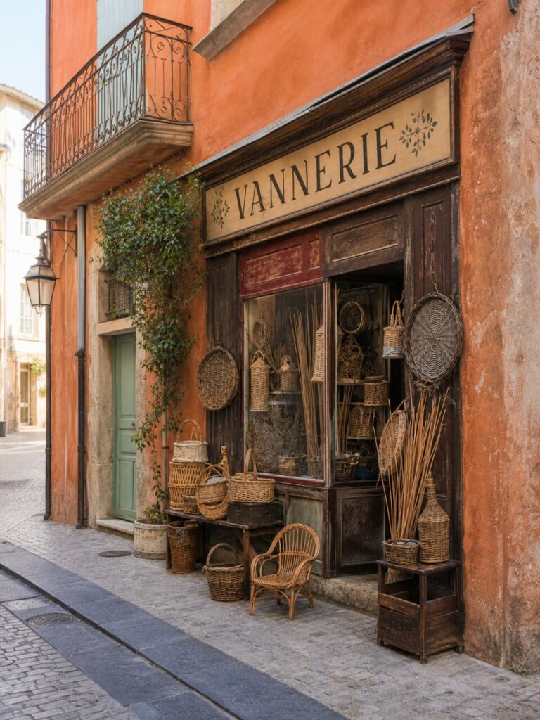 Vannerie historique de Nîmes, façade terracotta et paniers artisanaux dans une rue pavée