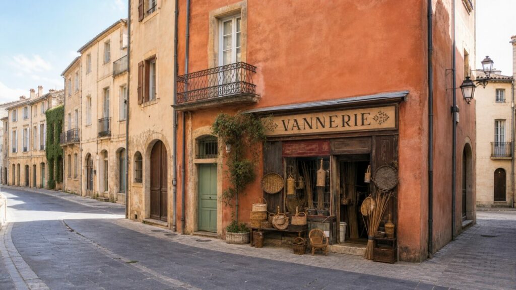 Vannerie de Nîmes dans une rue historique, paniers exposés devant une façade terracotta