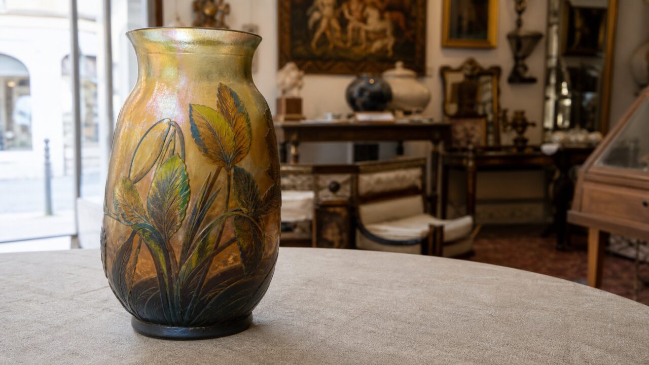 Amber vase with large coloured leaves and copy space on the right
